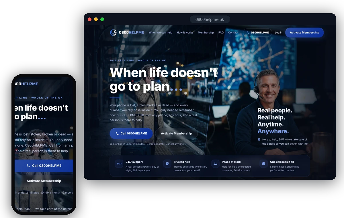 The 0800HELPME website we designed and built, shown on desktop and mobile