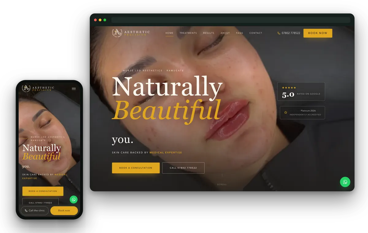 Aesthetic Precision website shown on desktop and mobile