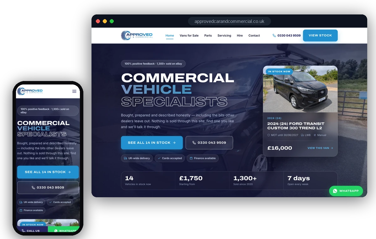 The Approved Car & Commercial website we designed and built, shown on desktop and mobile