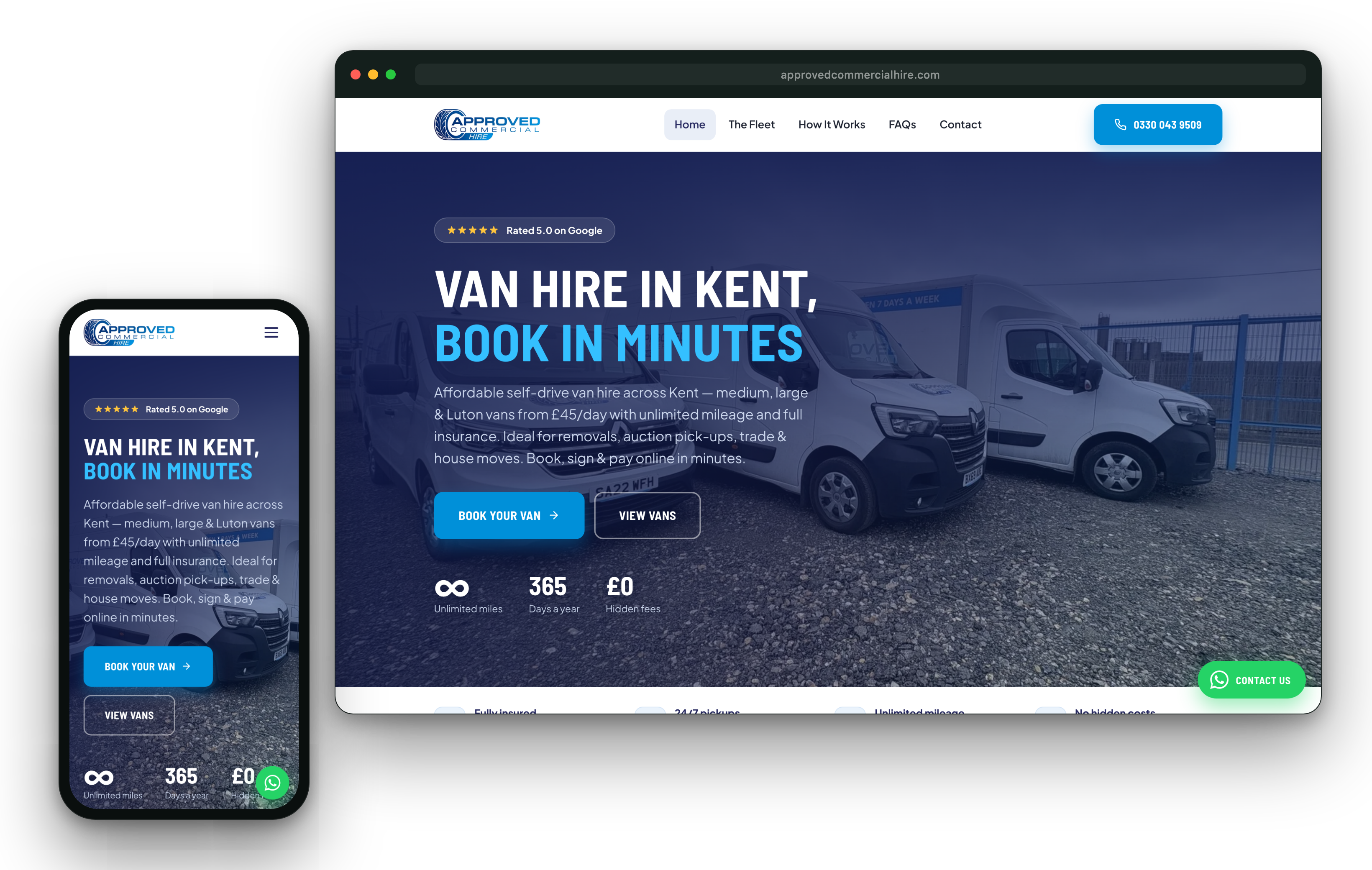 Approved Commercial Hire website shown on desktop and mobile