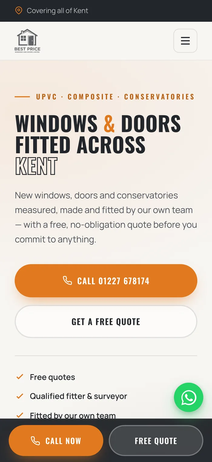 The Best Price Windows & Doors website on a phone
