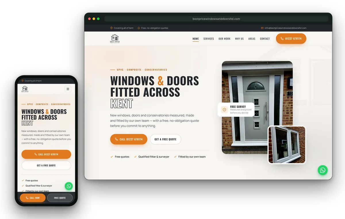Best Price Windows & Doors website shown on desktop and mobile