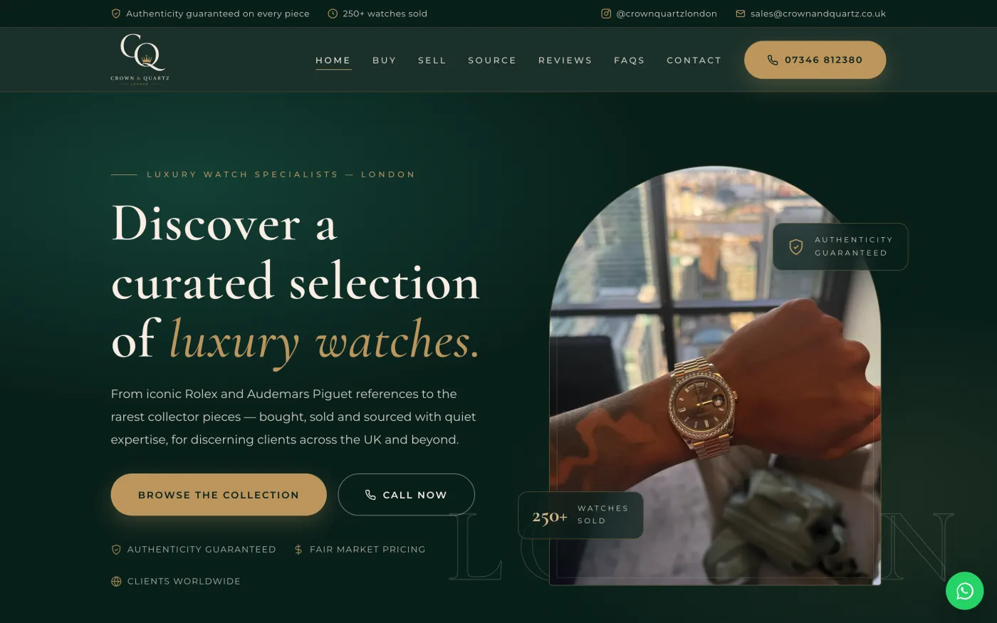 The homepage of the Crown & Quartz website we designed and built