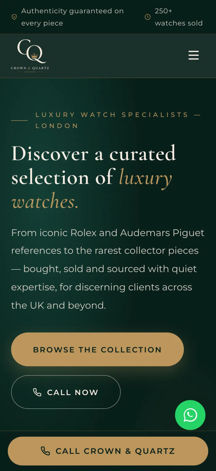The Crown & Quartz website on a phone