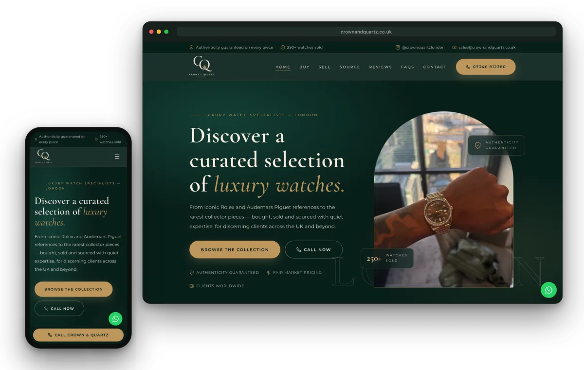 The Crown & Quartz website we designed and built, shown on desktop and mobile