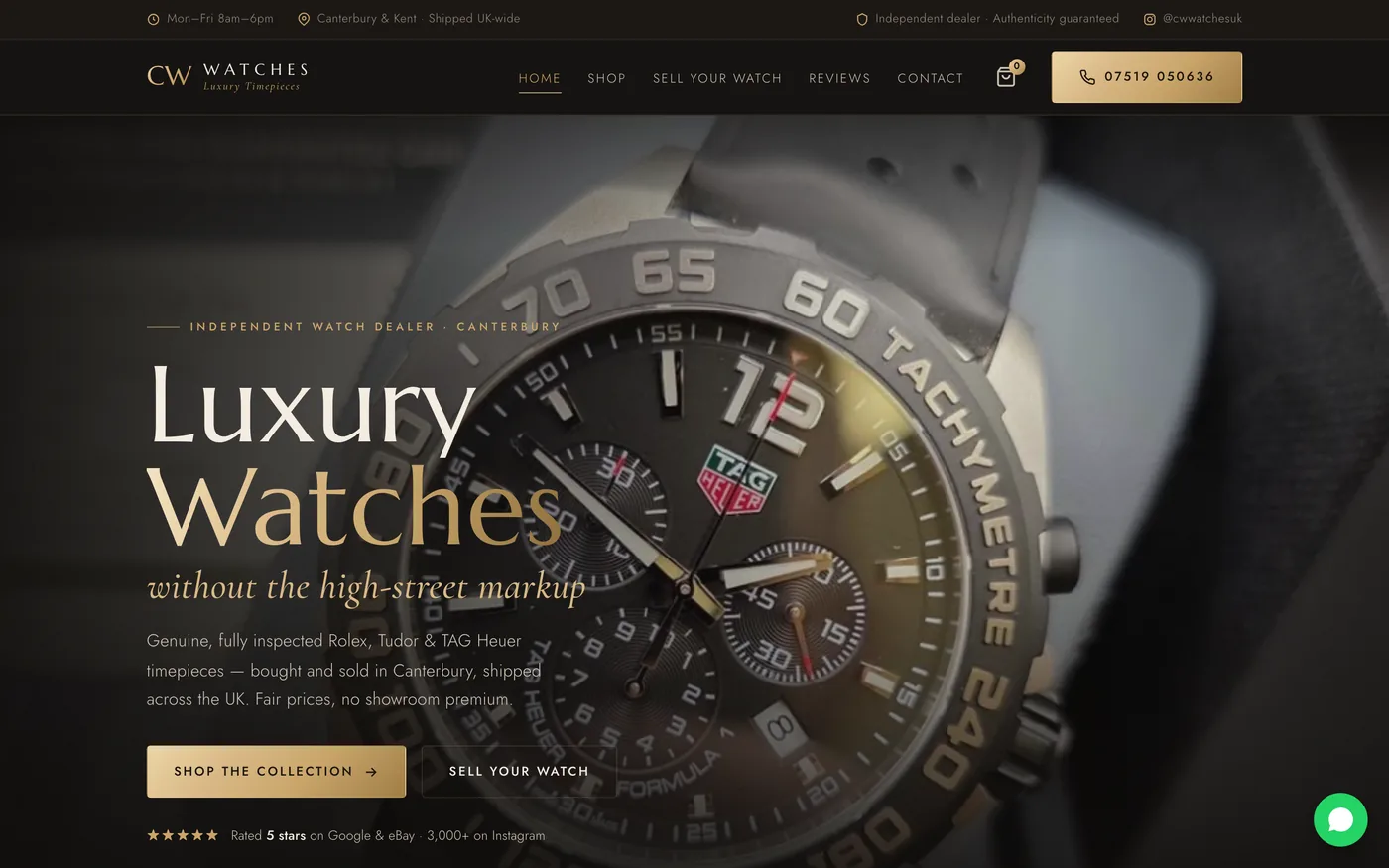 The homepage of the CW Watches website we designed and built
