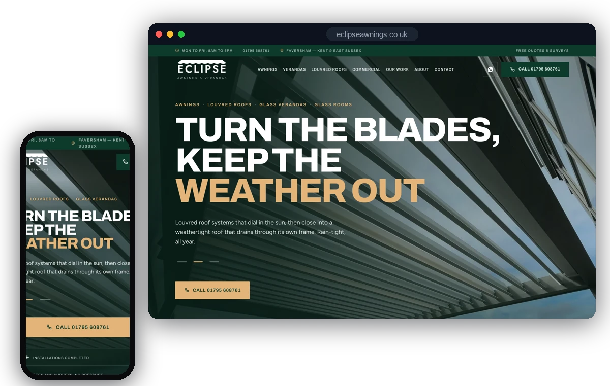 The Eclipse Awnings website we designed and built, shown on desktop and mobile