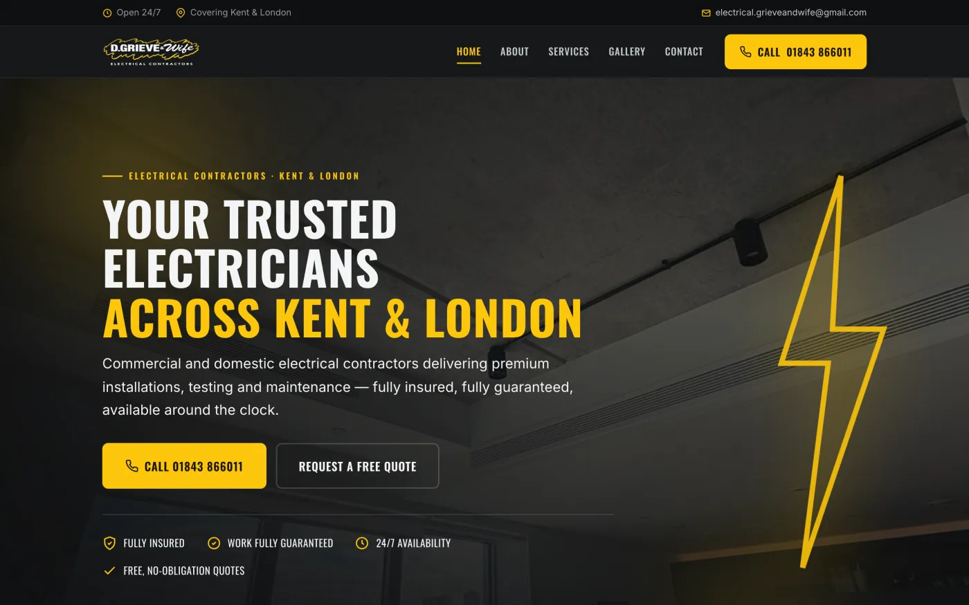 The homepage of the Grieve & Wife Electrical website we designed and built