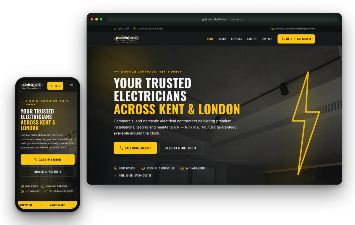 The Grieve & Wife Electrical website we designed and built, shown on desktop and mobile