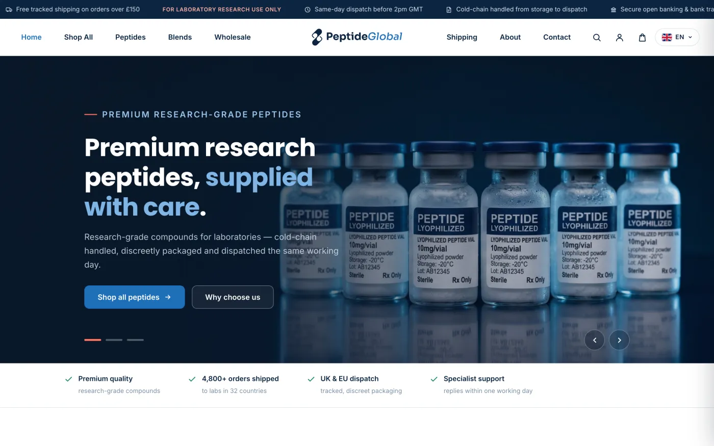 The homepage of the Peptide Global website we designed and built