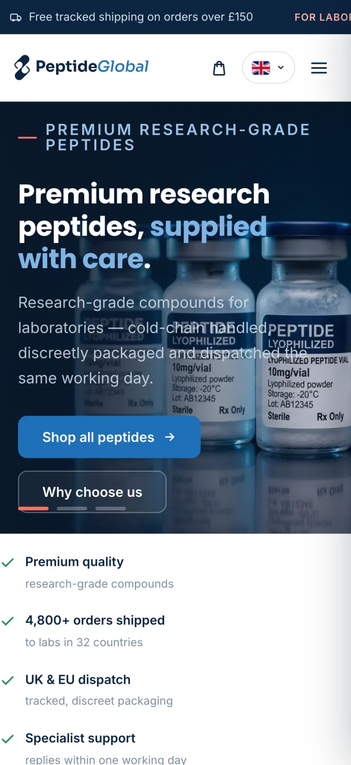 The Peptide Global website on a phone