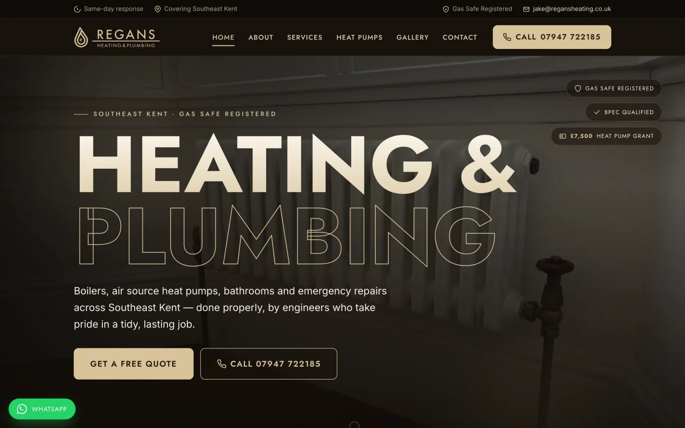 The homepage of the Regans Heating & Plumbing website we designed and built