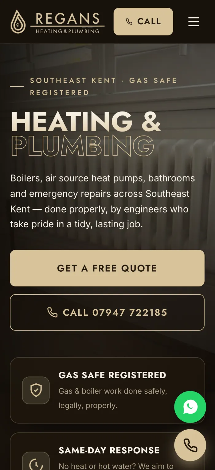 The Regans Heating & Plumbing website on a phone