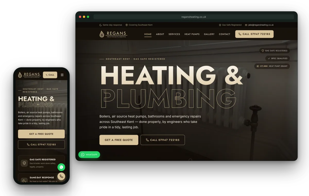 The Regans Heating & Plumbing website we designed and built, shown on desktop and mobile