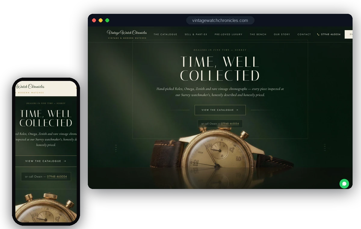 The Vintage Watch Chronicles website we designed and built, shown on desktop and mobile