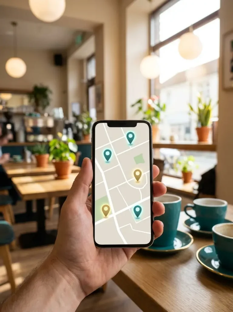 A hand holding a phone showing a local map with location pins, in a Kent cafe