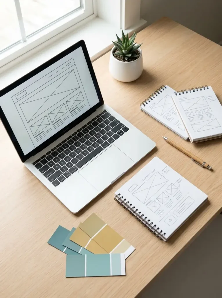 A laptop showing a website wireframe beside hand-drawn wireframe sketches and colour swatches