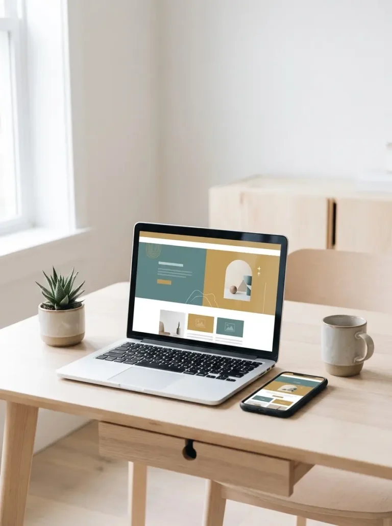 A laptop and phone on a desk showing the same website design on both screens