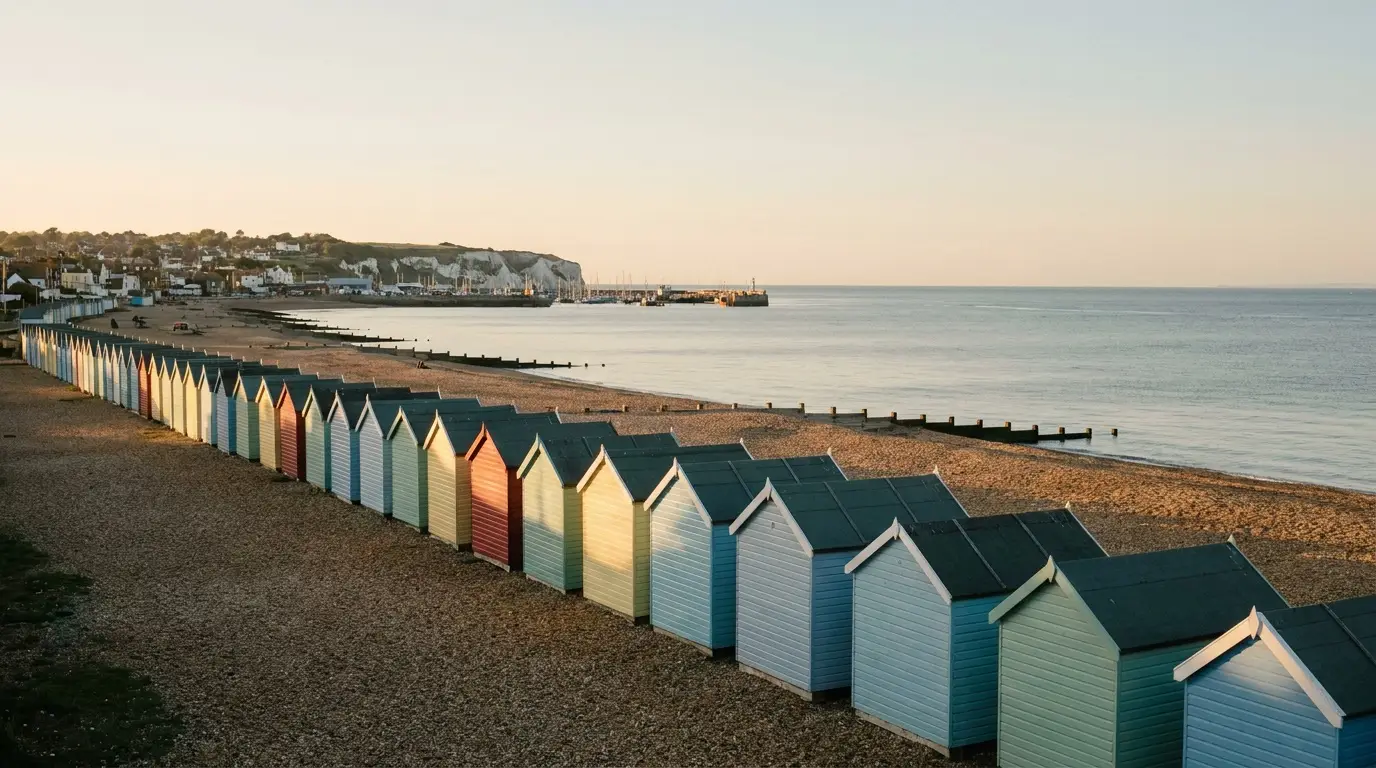Beach huts on the Kent coast at golden hour