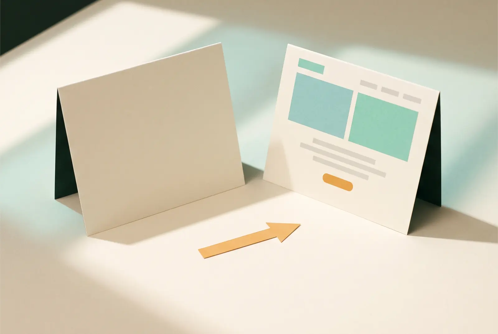 Two cream cards standing apart on a cream desk, the left one blank and the right one carrying a simple teal and mint website layout, with an amber paper arrow on the surface pointing at it