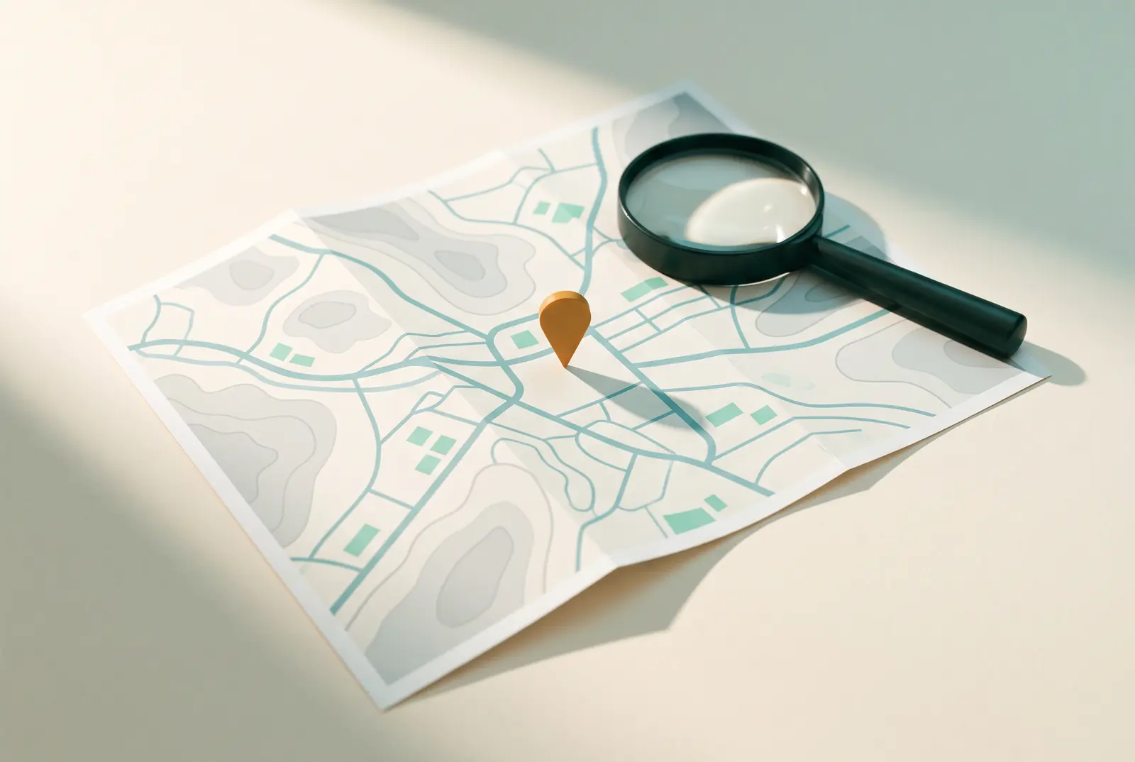 A folded paper map printed with abstract teal roads and no place names, a single amber map pin standing in it, and a dark-handled magnifying glass resting across one corner