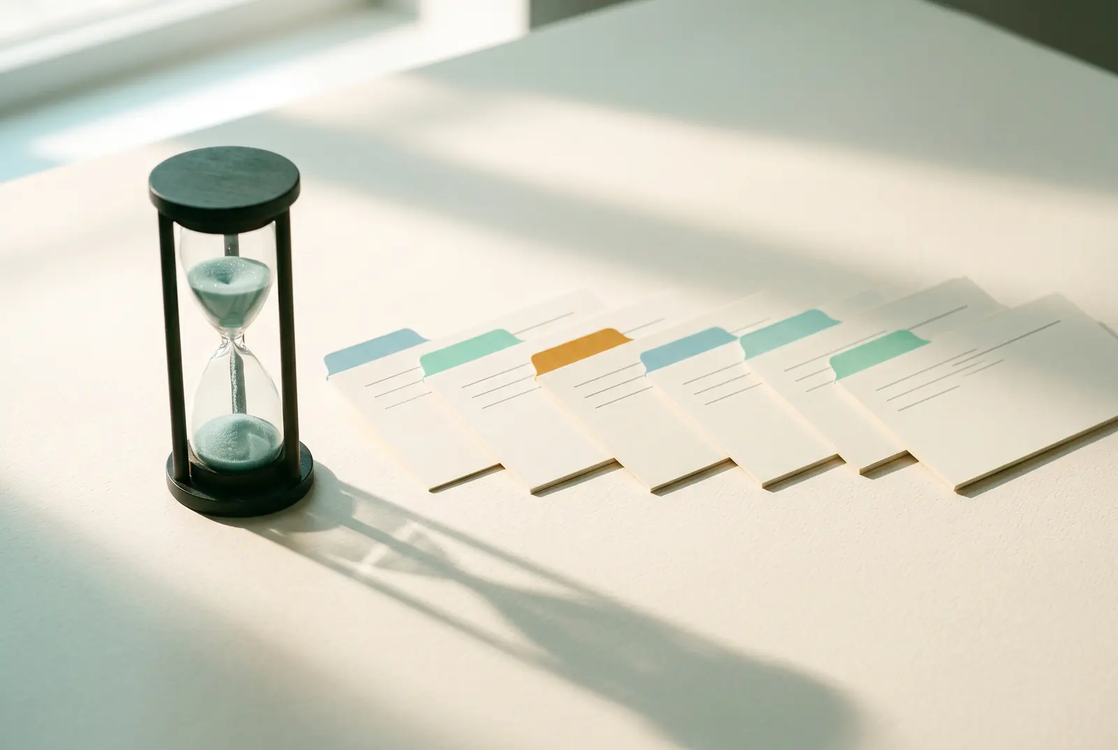 A small hourglass with pale teal sand most of the way through, beside five cream index cards fanned out in a row like a timeline, each with a small coloured tab