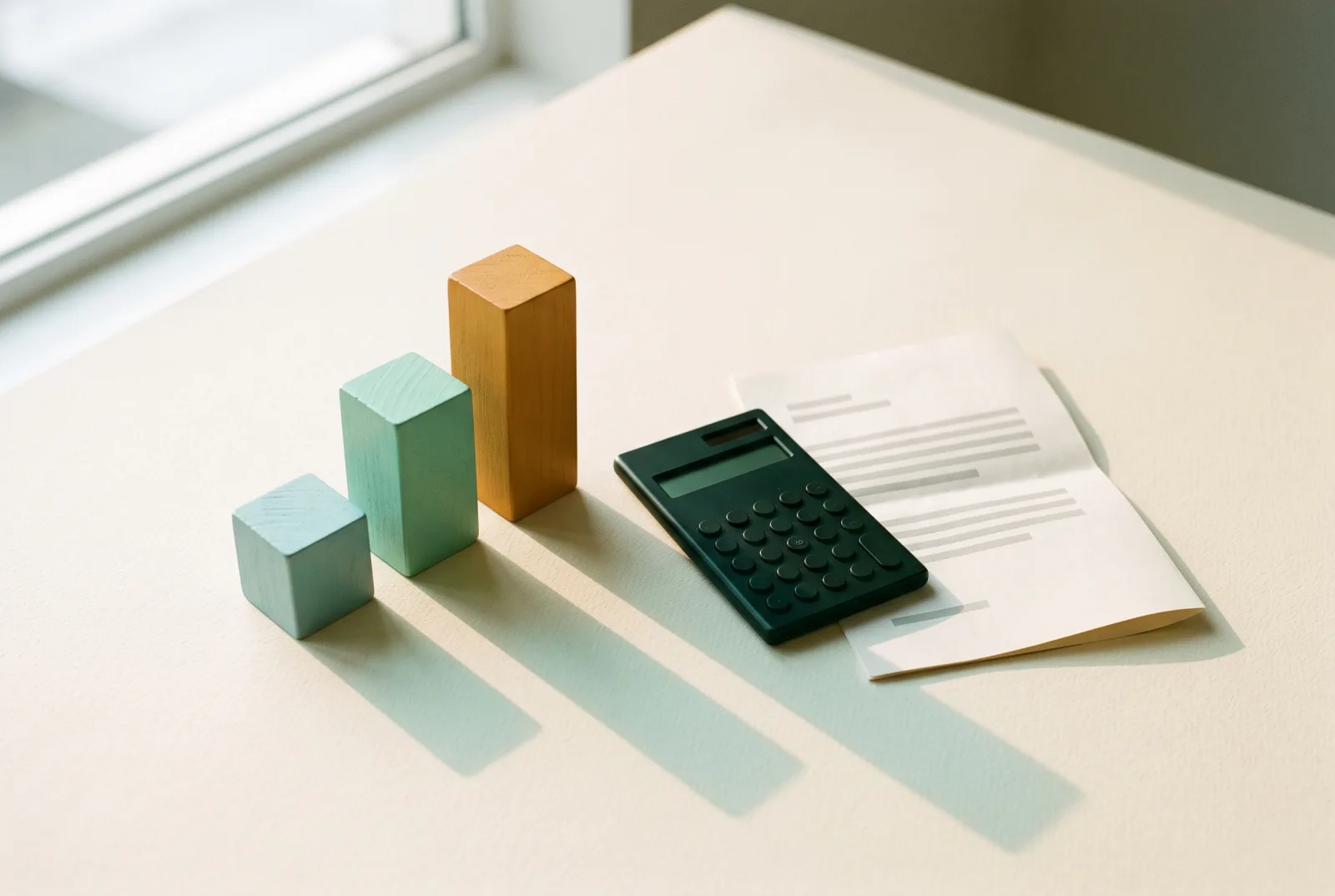 Three wooden blocks of increasing height in teal, mint and amber standing beside a calculator and a folded quote sheet on a cream desk