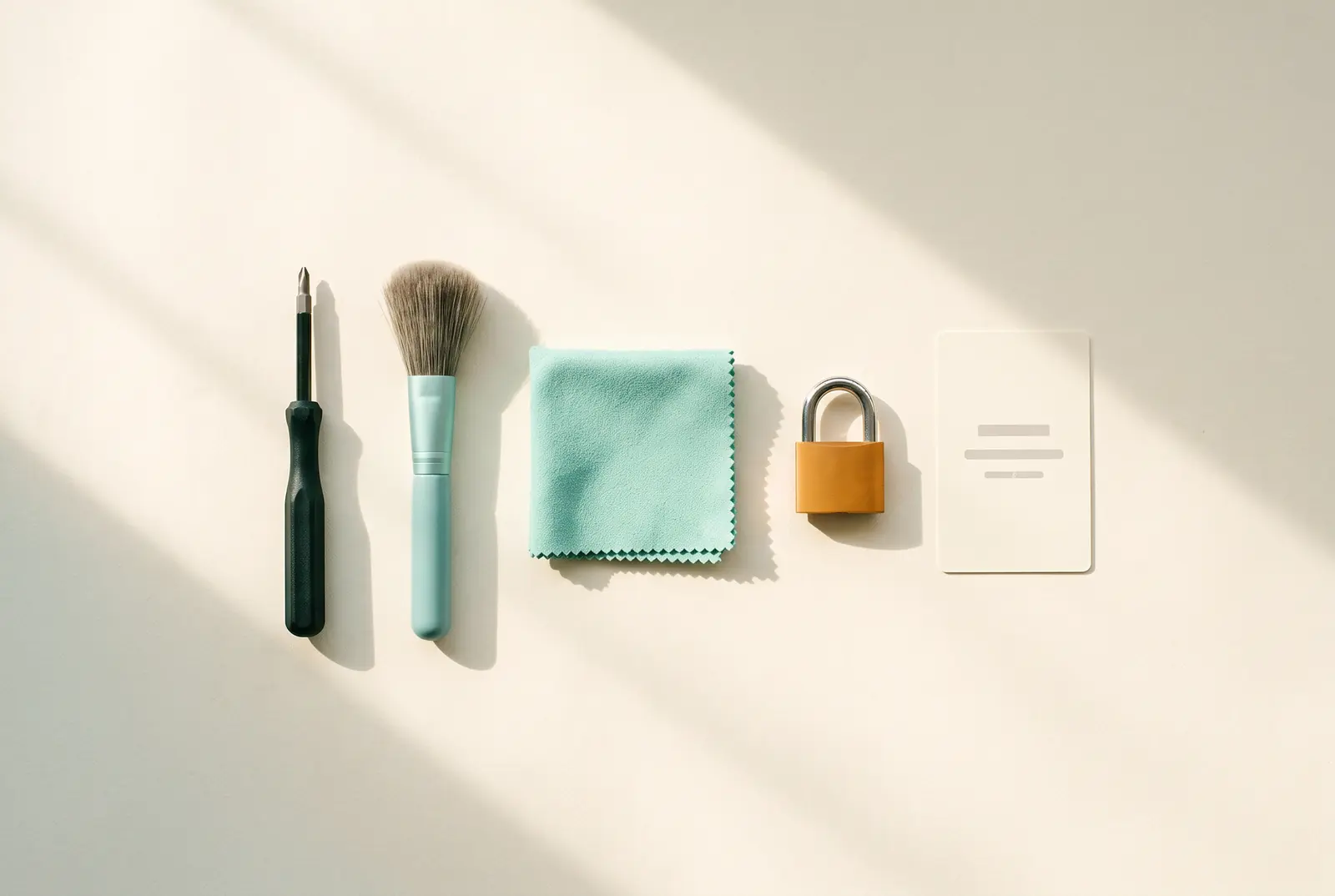A small maintenance kit laid out in a row on a cream surface: a dark screwdriver, a brush with a pale teal handle, a folded mint cloth and a closed amber padlock, beside a cream card