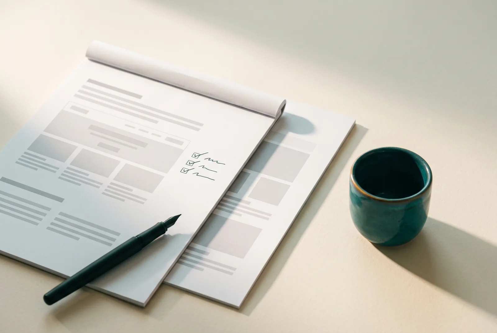 Two printed website proposals side by side on a cream desk, one with a hand-ticked checklist in the margin, beside a dark pen and a teal ceramic cup