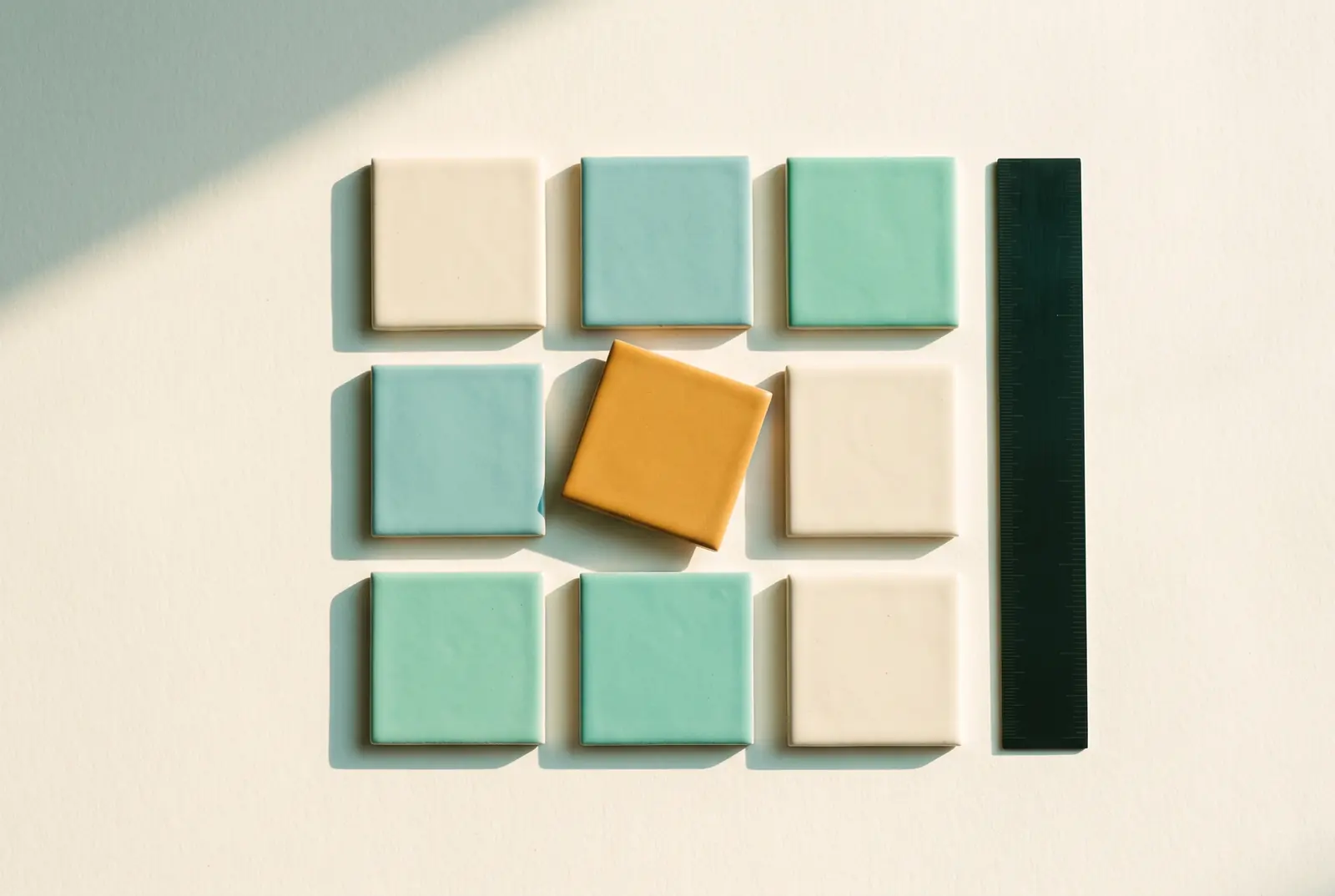 A neat grid of nine small square ceramic tiles in cream, pale teal and mint on a cream surface, with one amber tile knocked slightly out of line, beside a dark steel ruler