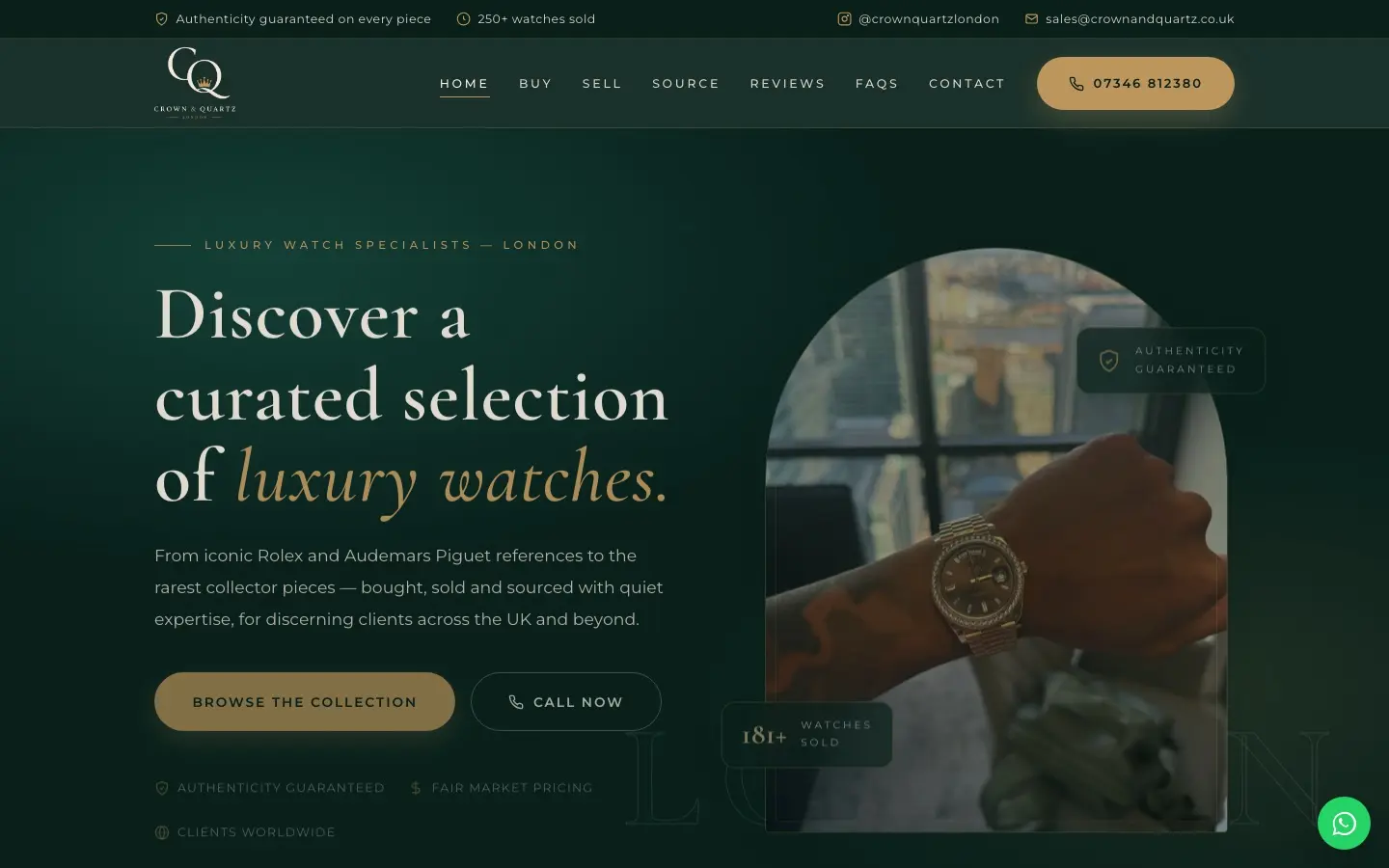Homepage of the Crown and Quartz luxury watch website designed by Kent Web Design
