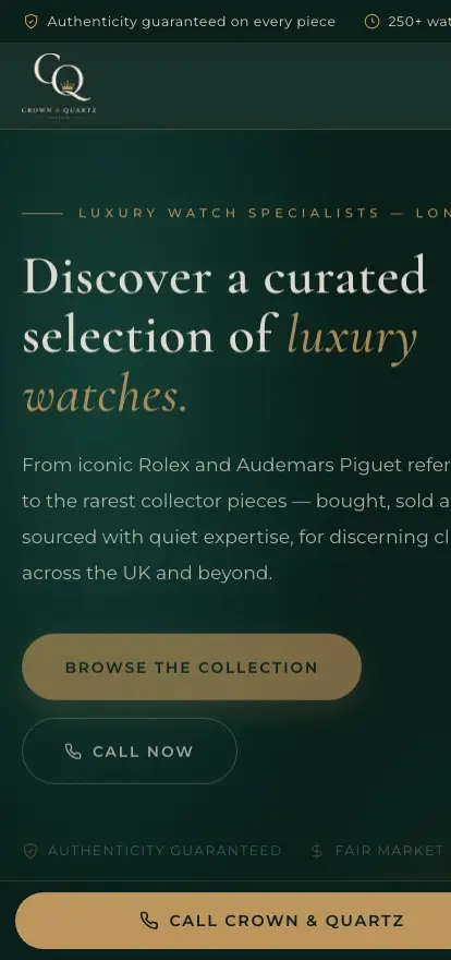 The Crown and Quartz website on a mobile screen with a browse the collection button and a sticky call bar