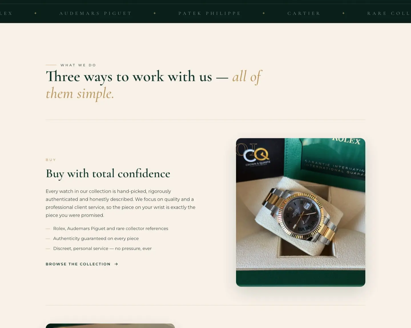Services section of the Crown and Quartz website showing the buy, sell and source options with an in-house photo of a Rolex