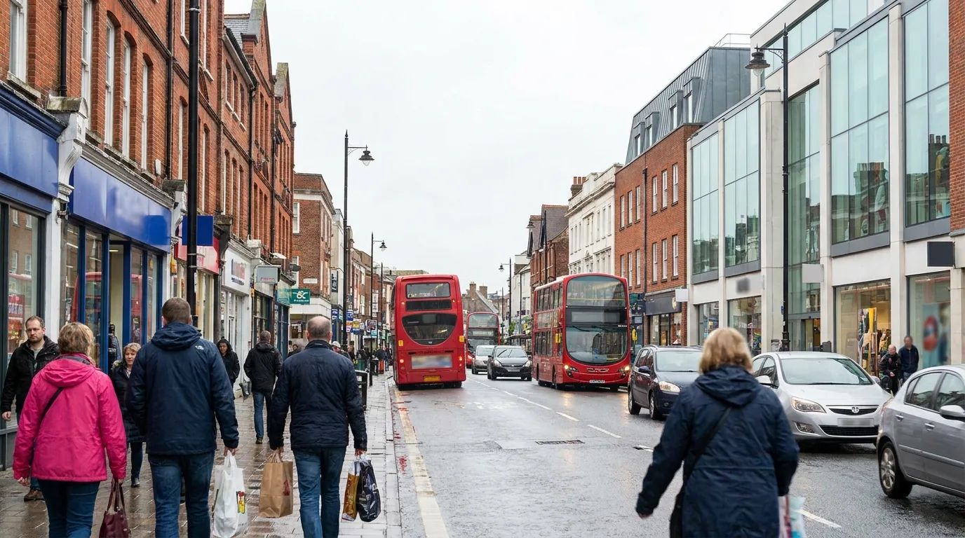 A busy commuter town high street in north west Kent, near Dartford