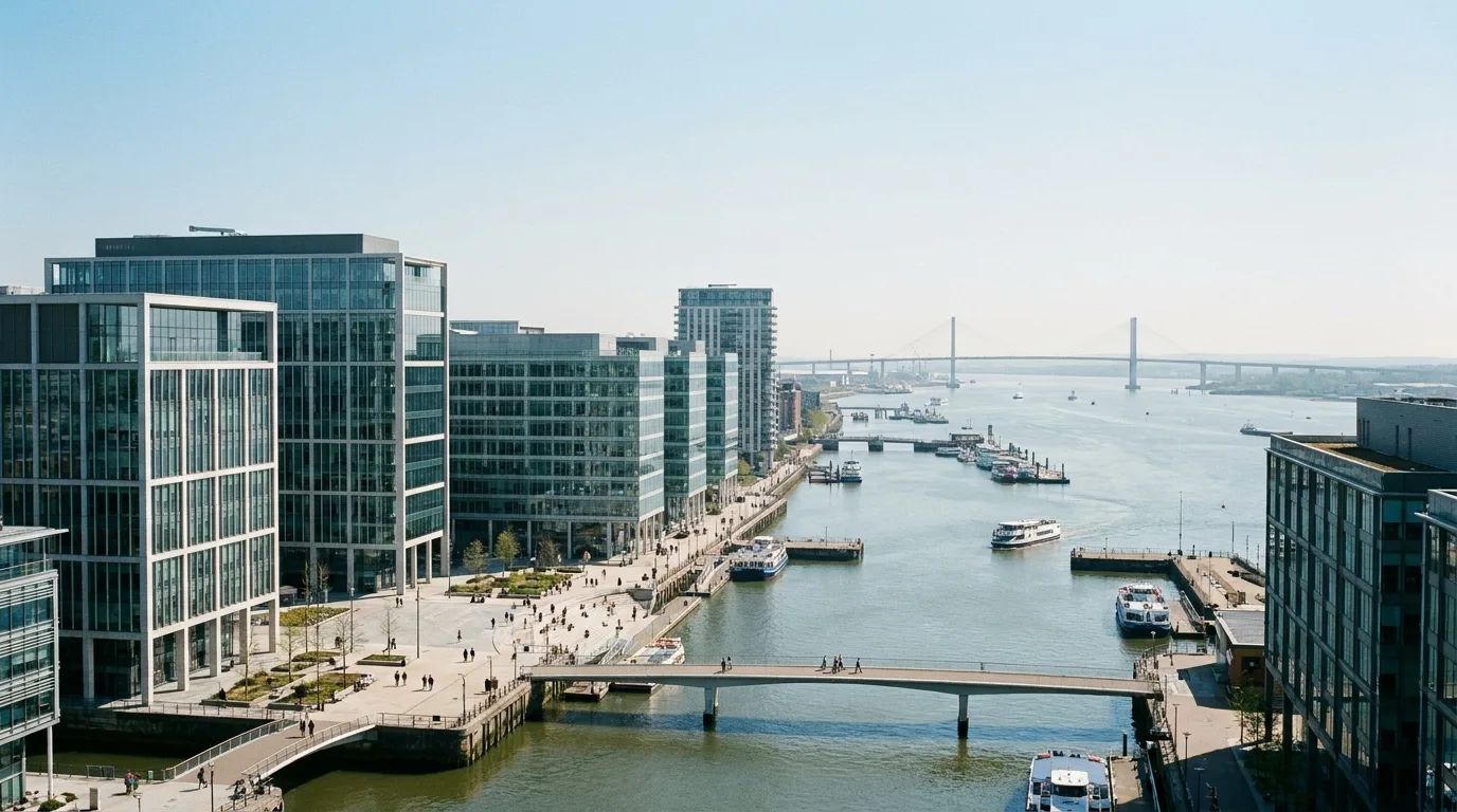 A modern business district by the Thames estuary in north west Kent, near Dartford