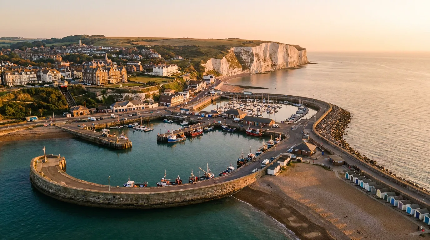 Aerial view of Folkestone harbour and seafront on the Kent coast
