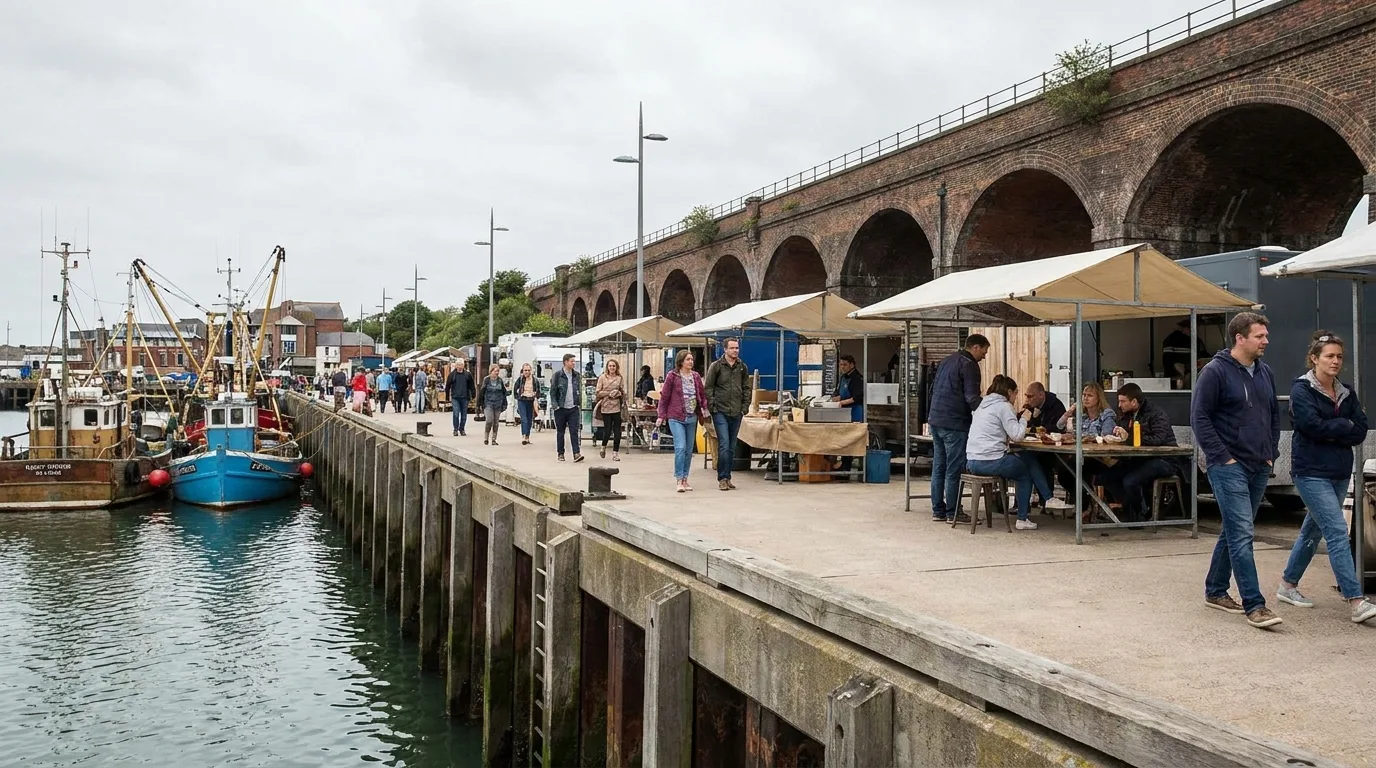 A regenerated seaside harbour arm with visitors, evoking Folkestone Harbour Arm in Kent