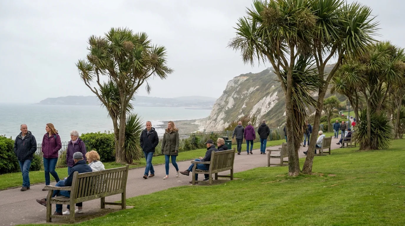 A clifftop promenade overlooking the English Channel, evoking the Leas at Folkestone
