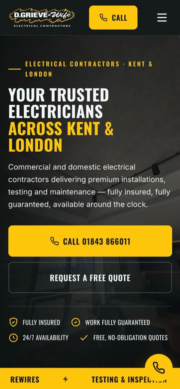 The Grieve and Wife Electrical mobile homepage, electrician website design by Kent Web Design