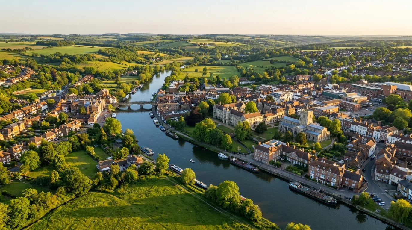 Aerial view of the River Medway winding through Maidstone, Kent