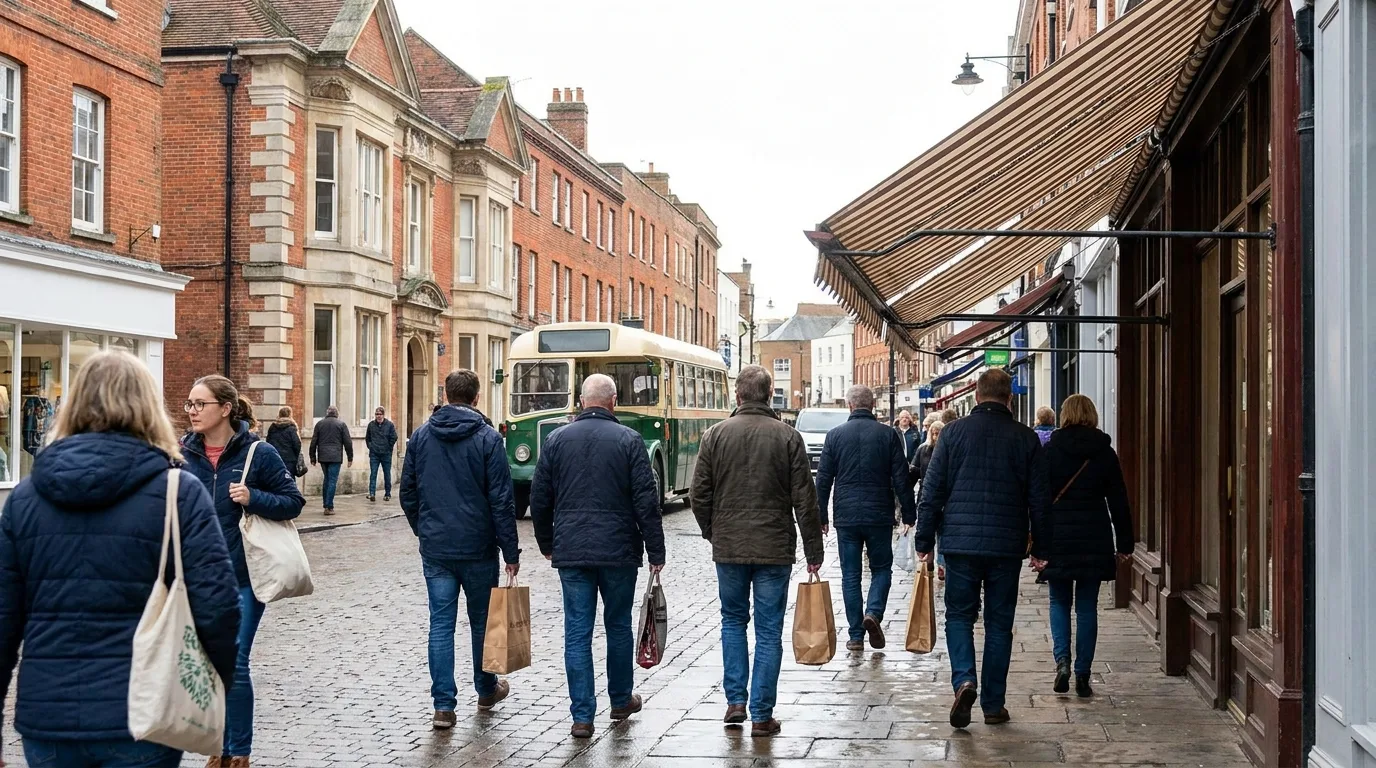 A busy shopping street in a Kent town centre