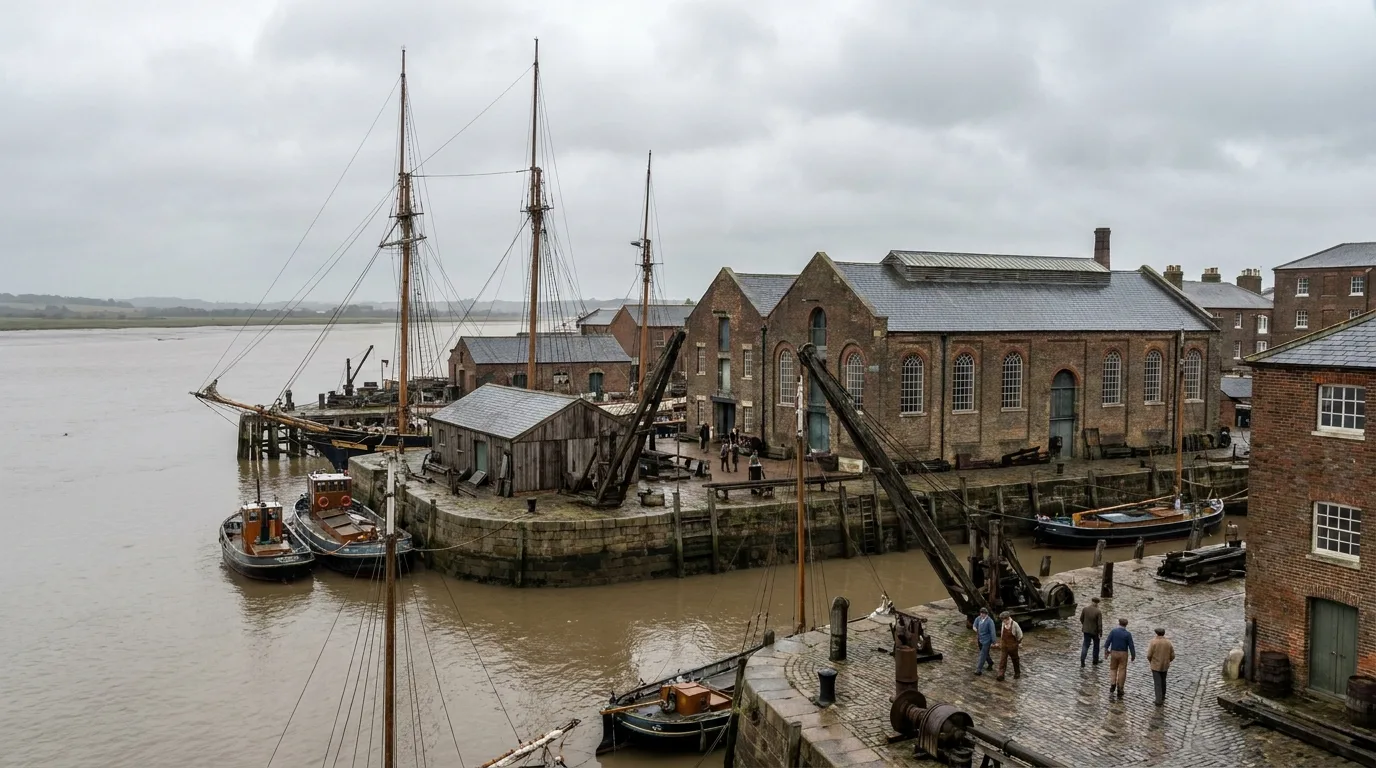 A historic naval dockyard with tall ship masts and brick warehouses, evoking Chatham in Medway, Kent