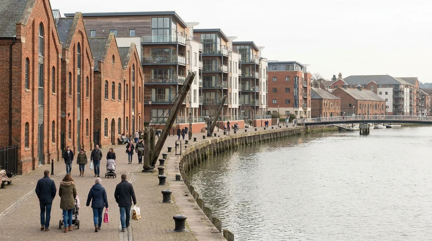 Regenerated riverside waterfront at Chatham in Medway, Kent