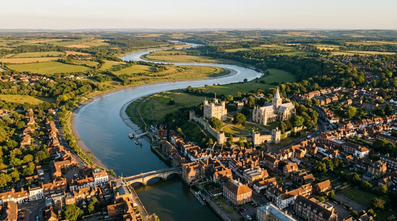 Aerial view of the River Medway curving past Rochester in the Medway towns, Kent