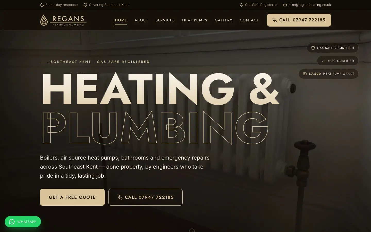 Homepage of the Regans Heating and Plumbing website designed by Kent Web Design
