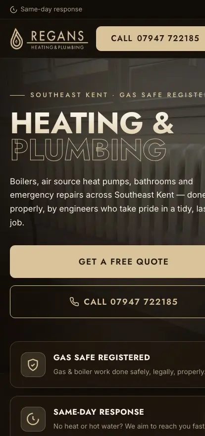 The Regans Heating website on a mobile screen with a get a free quote button and tap to call button