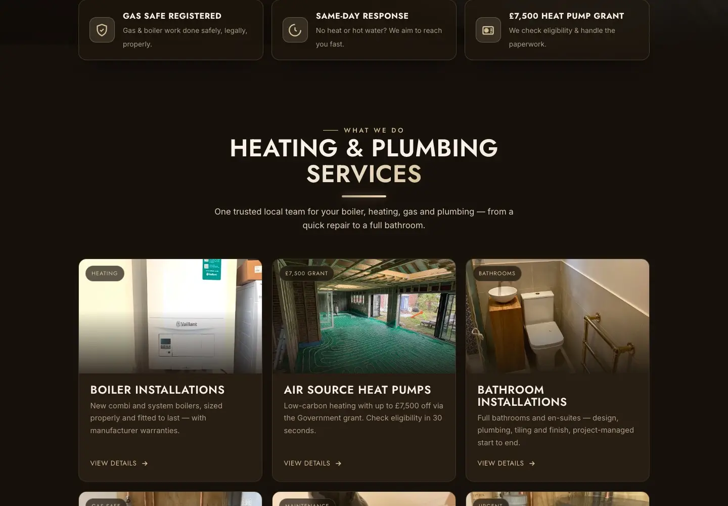 Services section of the Regans Heating website showing six service cards with photos of real jobs