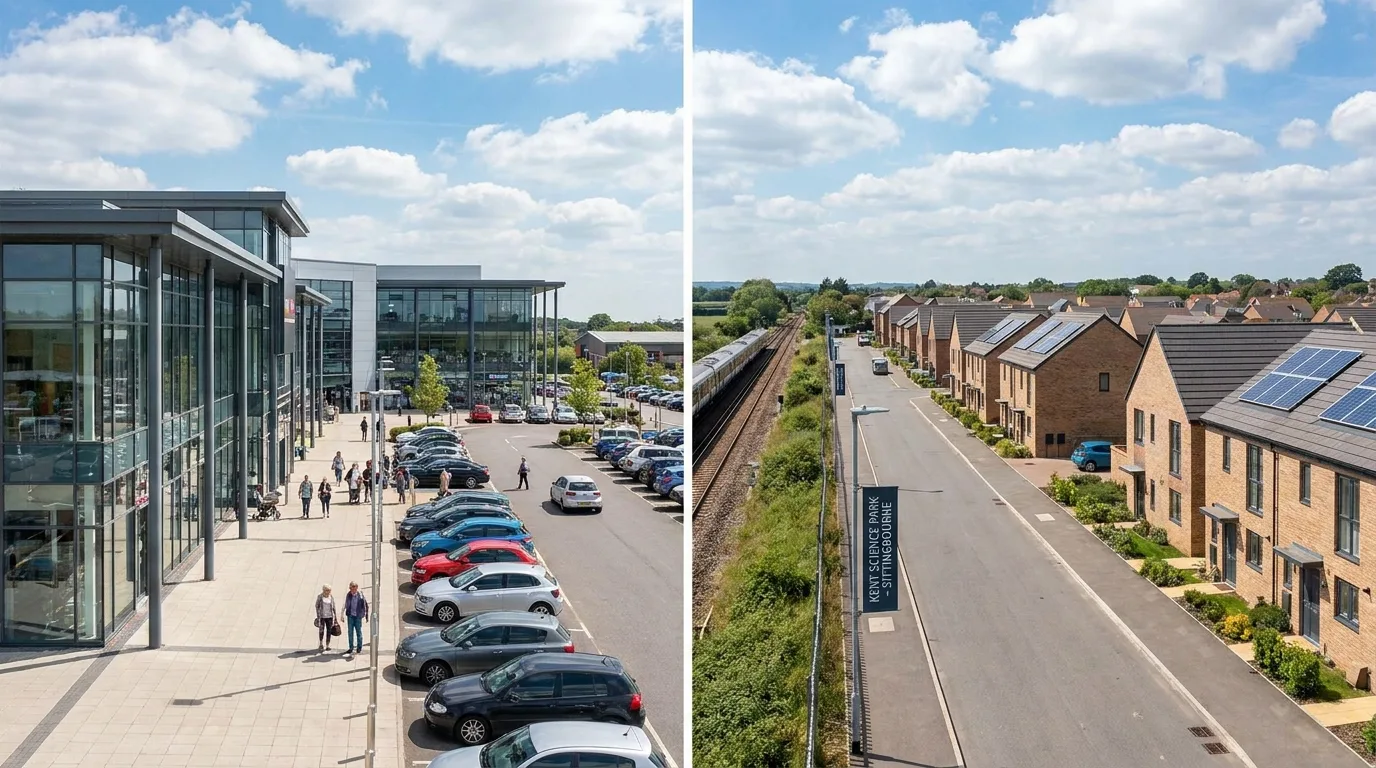 A modern retail park and new-build homes in a growing Kent commuter town, near Sittingbourne