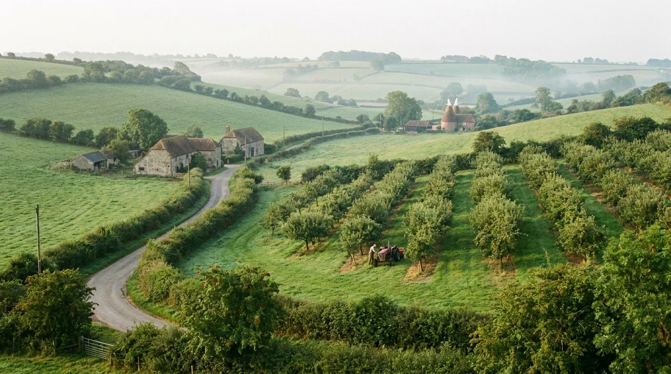 Kent fruit orchards and countryside near the Swale, close to Sittingbourne