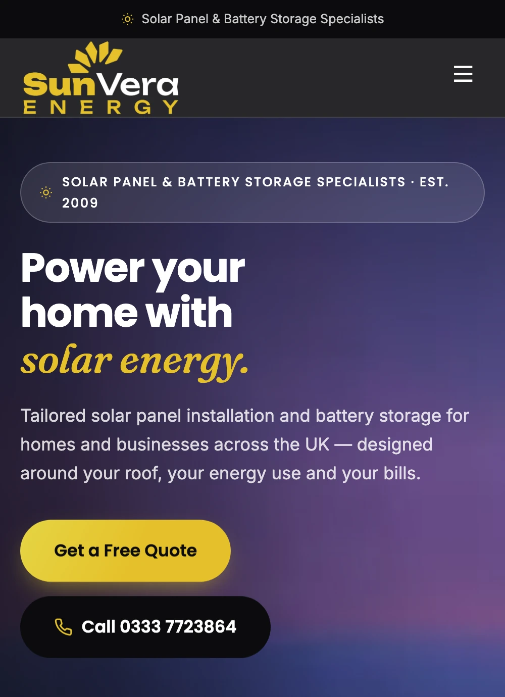The Sunvera Energy website on a mobile screen showing the solar energy hero, a free quote button and tap to call